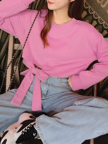 Sudadera de manga larga con cintura alta, asimétrica, lazo, hueca, color liso, cuello redondo 