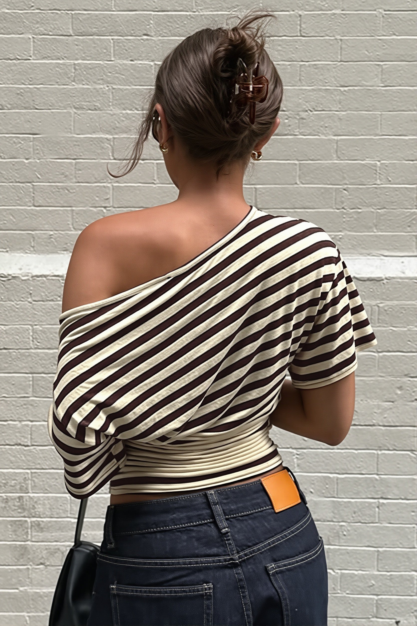 Striped One Shoulder Slim T-shirt