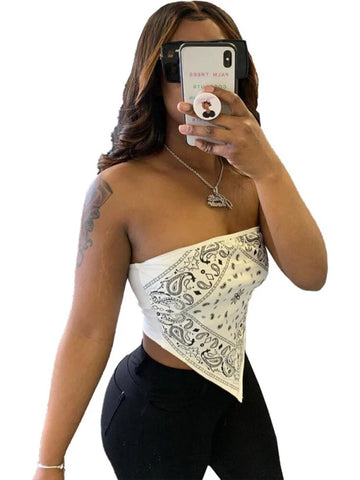 Lindo top corto con bandana estampada sexy para mujer, ropa de verano 2024, camisetas sin mangas con hombros descubiertos y espalda descubierta para mujer 