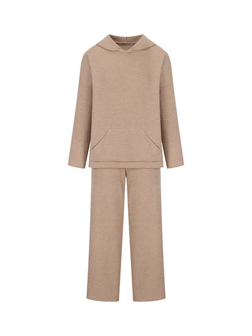 Conjunto de dos piezas de suéter holgado de color sólido con cuello redondo, capucha y mangas largas + pantalón con cordón ajustable 