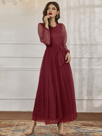 Maxi Dress Jewel Neck Long Sleeves Casual Sheer Sash Long Dress