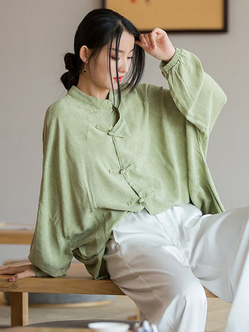 Blusas y camisas artísticas retro sueltas de manga larga con botones, color sólido y cuello alto 