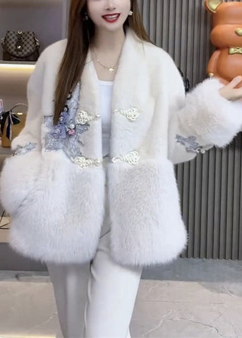 Natürliche Weiß Bestickt Patchwork Chinesischen Knopf Kunstpelz Mantel Outwear Winter 