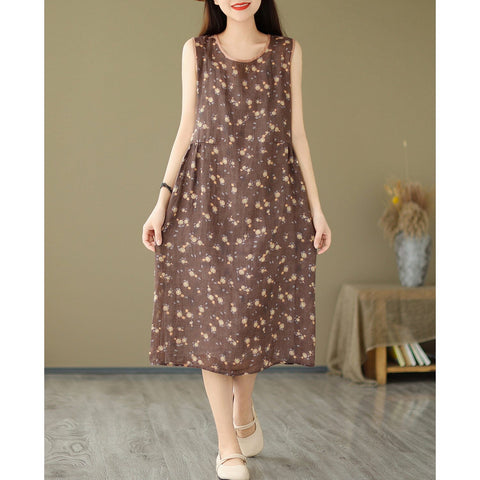 Summer Stylish Casual Sleeveless Linen Floral Dress