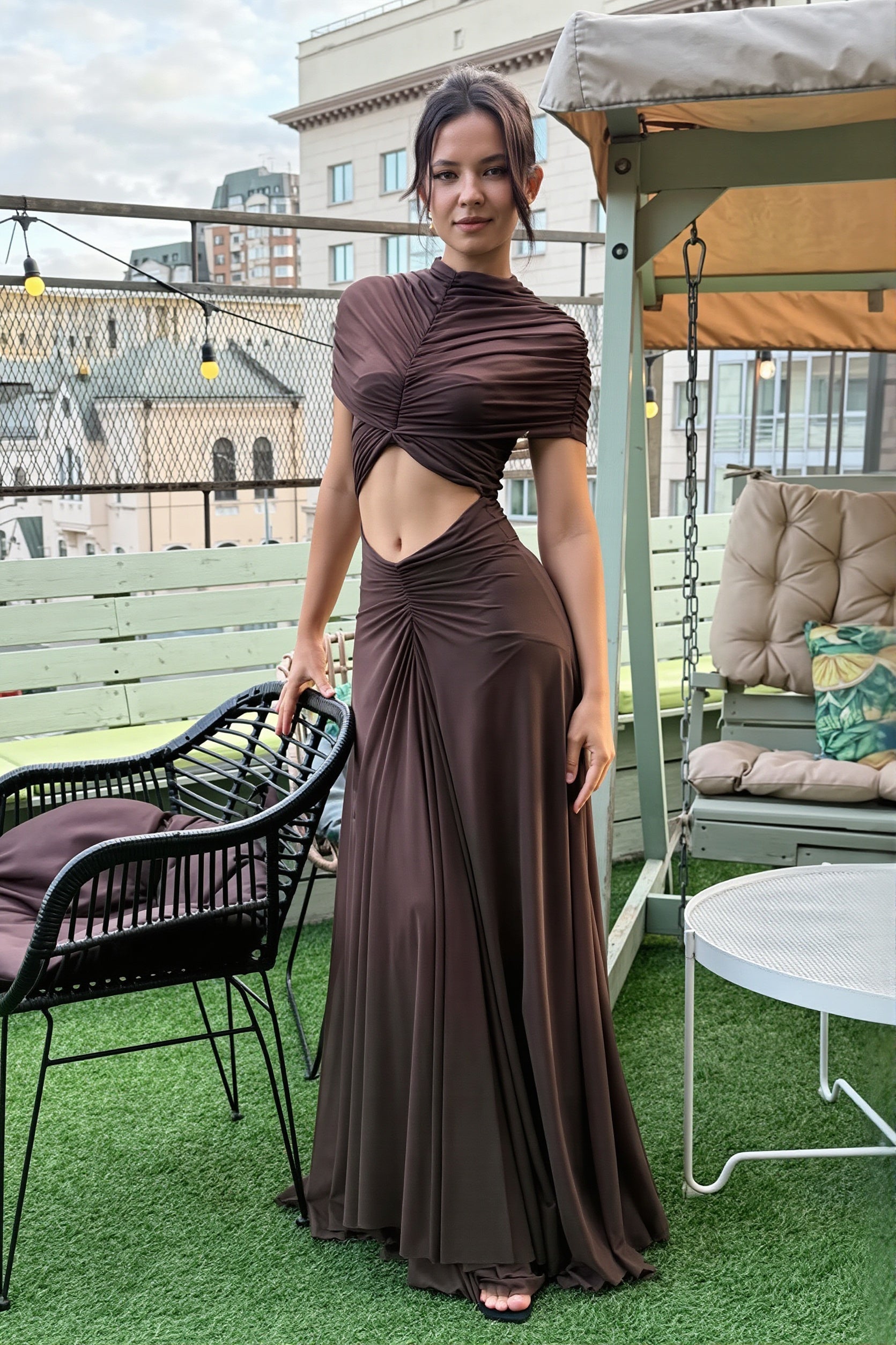 Elegant Chic Solid Mock Neck Cape Sleeve Ruched Maxi Dress