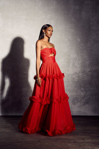 Erica Maxikleid aus plissiertem Chiffon mit Rüschen in Metallic 