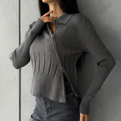 TARUXY White Knitted Cardigan Women Ribbing Turn Collar Zipper Slim Sweater Femme Autumn Winter Fashion Knitwear Cardigans Woman