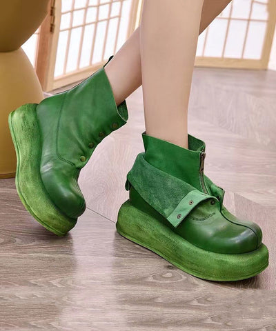 Handgefertigte Retro-Plateaustiefel aus grünem Rindsleder 