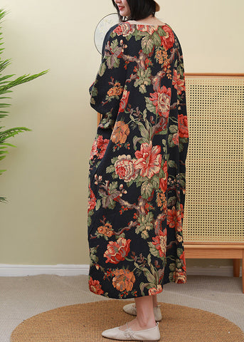 Vestido elegante con estampado floral rojo, cuello redondo, hebilla de placa inclinada, manga larga 
