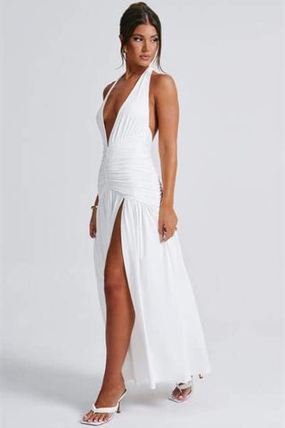 Vestido largo Norma con cuello en V profundo y cuello halter 