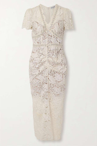 Vestido midi fruncido de encaje con diamantes de imitación 