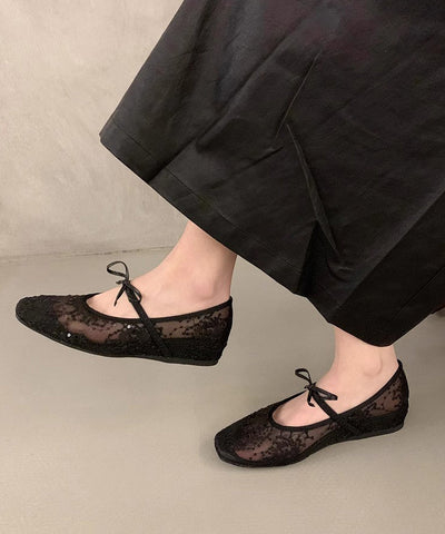 Zapatos planos con bordado de malla transpirable beige para mujer con lazo 