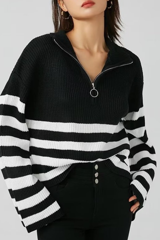 Turtleneck Zipper Striped Cardigan Sweater