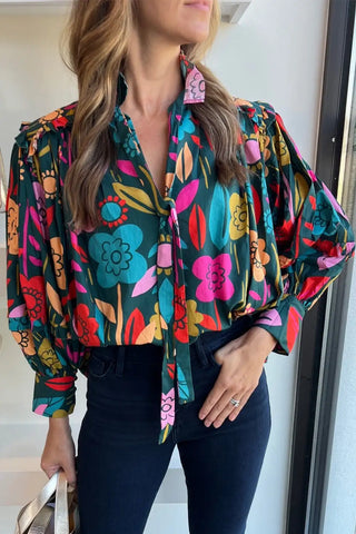 Blusa con mangas abullonadas y estampado floral verde vibrante 