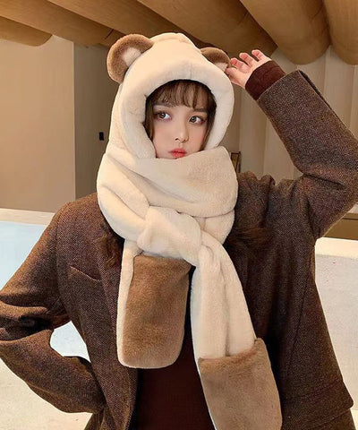 Lindo gorro de invierno nuevo y cálido con bufanda y guantes integrados 