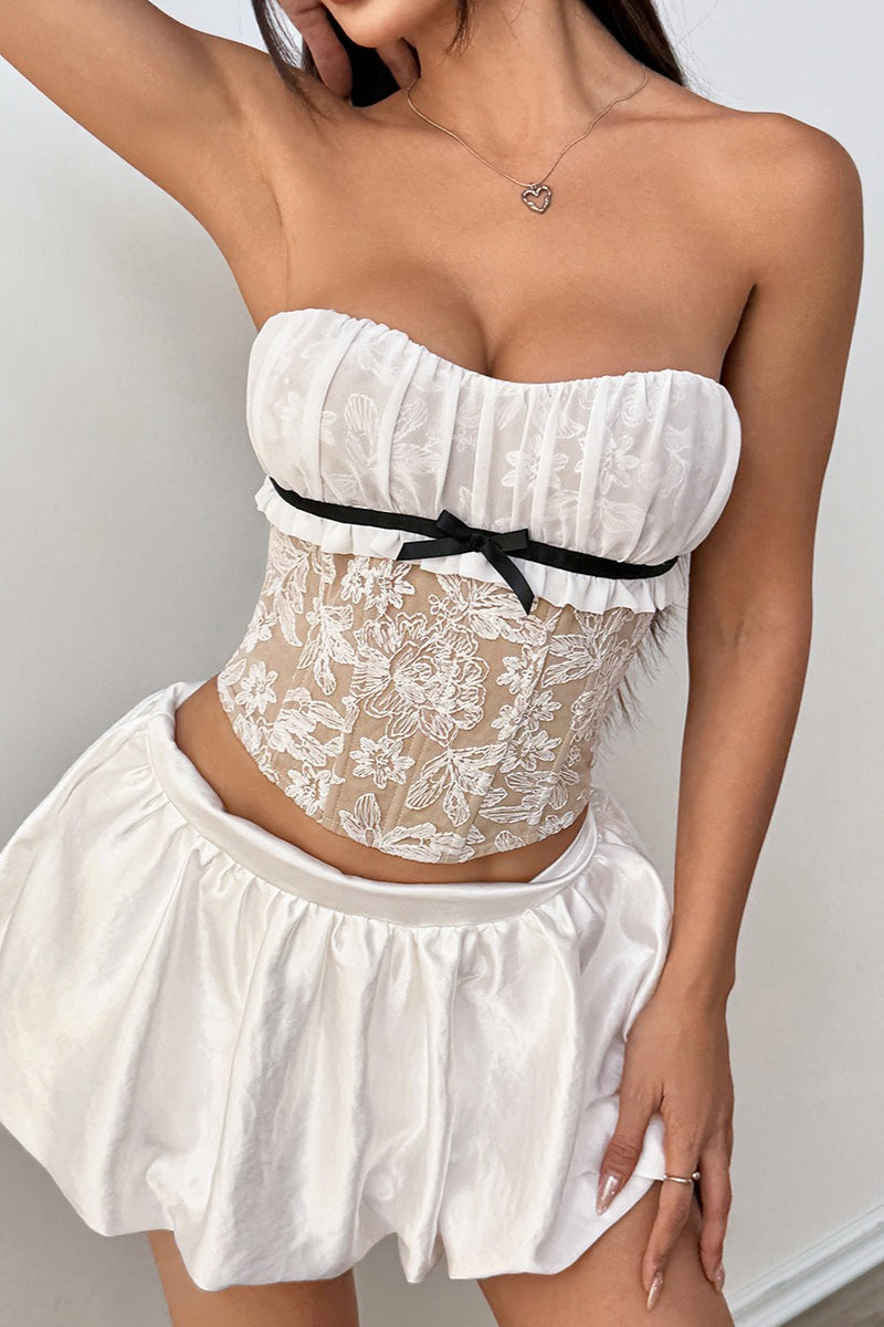 Sheer Lace Insert Boned Corset Crop Top Sexy Blouse