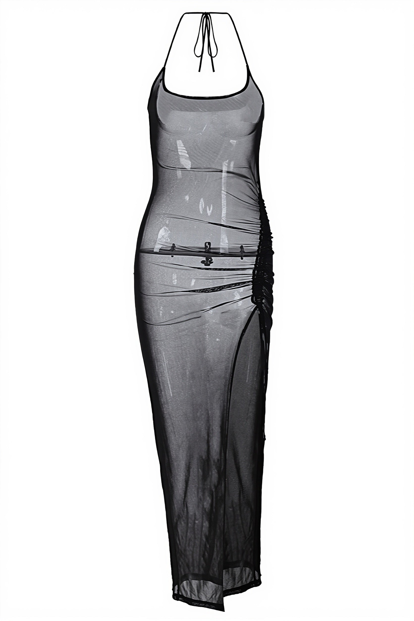 Sexy Sheer Mesh Insert Side Slit Bodycon Maxi Dress