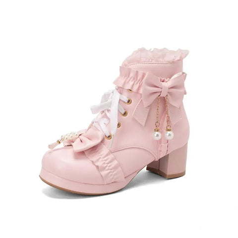 - Zapatos de Lolita de tacón grueso en rosa, blanco y negro con nudo de mariposa y perlas con cordones para mujer, bonitos botines de invierno de princesa para cosplay, talla 42 