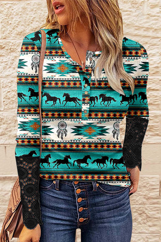 Casual Print Buckle O Neck Tops(6 Colors)