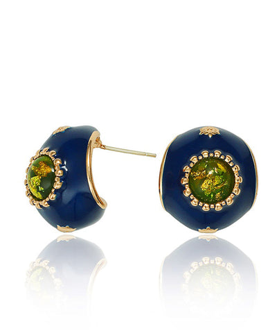 Pendientes de aro de resina esmaltada con sobredorado de plata de ley azul real retro 