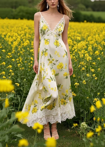 Stilvolles gelbes Blumen-Patchwork-Spitzen-Chiffon-Camisole-Kleid für den Sommer 