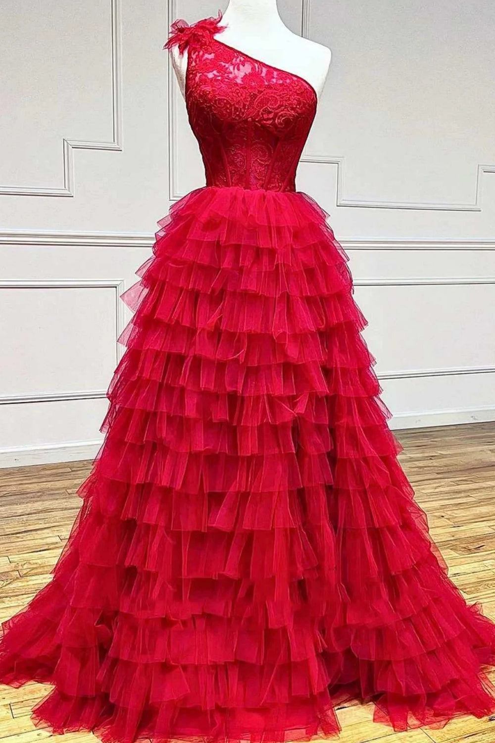 One Shoulder Corset Tiered Long Prom Dress with Ruffles