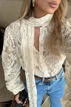 Elegant Tie Sheer Lace Long Sleeve Blouse