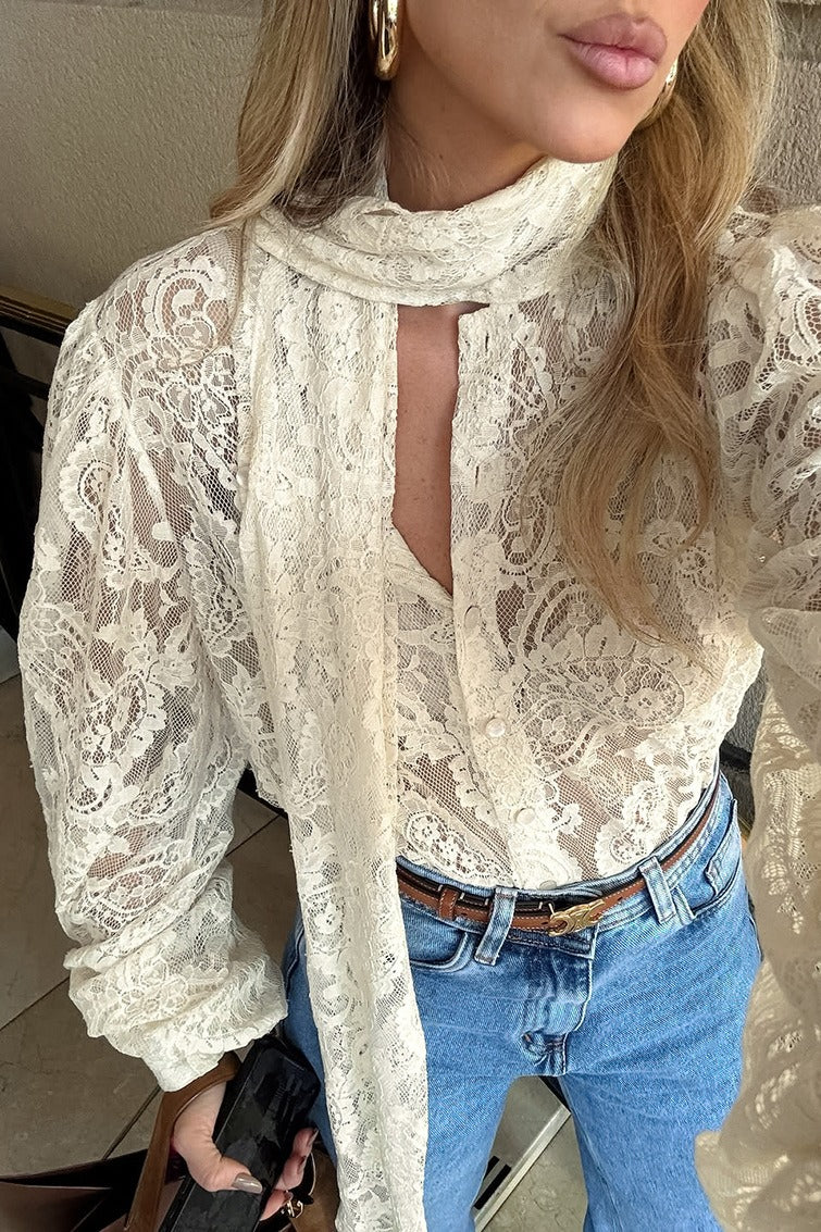 Elegant Tie Sheer Lace Long Sleeve Blouse