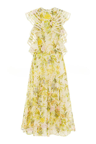 Romantisches Midikleid mit Blumenmuster und Schnürung auf der Rückseite und Rüschenärmeln 