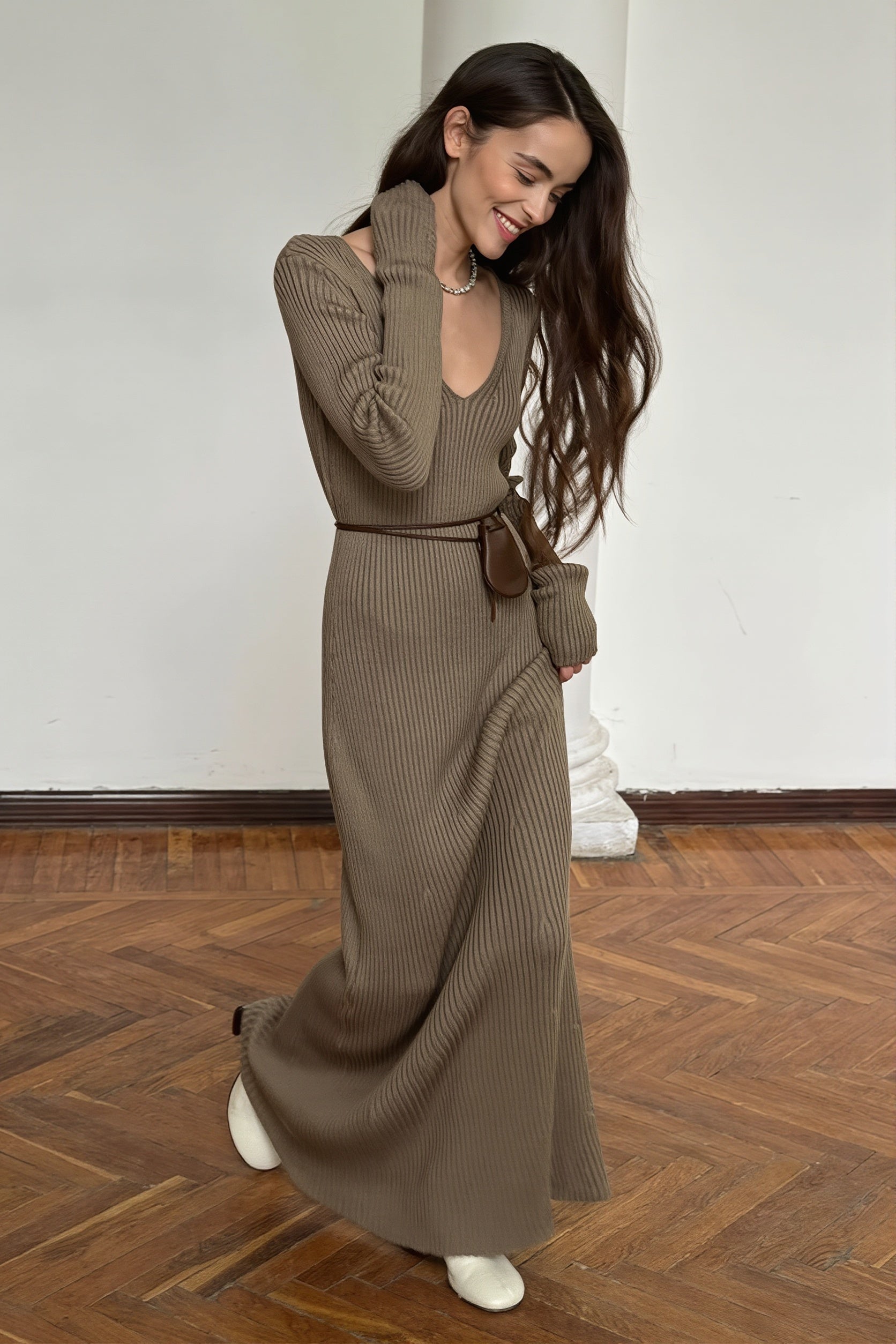 Solid Knit V-Neck Bodycon Maxi Dress