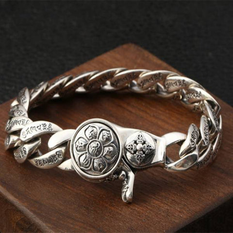 Sterling Silver Six Character Truth Vajra Pestle Curb Chain Bracelet