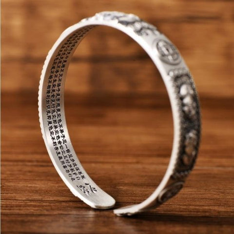 Sterling Silver Wealth Pixiu Heart Sutra Bracelet