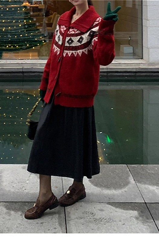 Jacquard Collar Horn Button Retro Loose Knit Cardigan