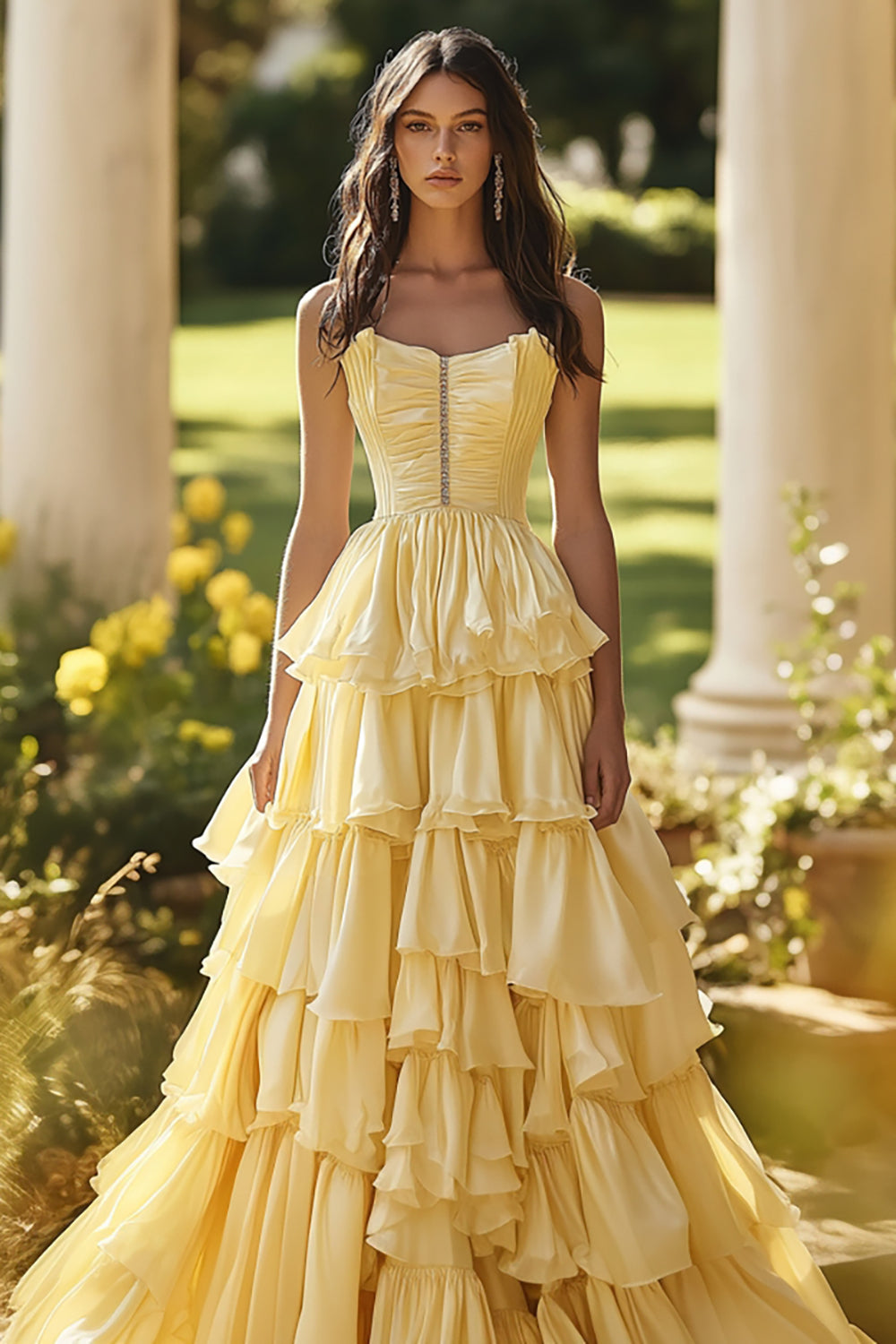 Hellgelbes, gestuftes, trägerloses langes A-Linien-Abendkleid