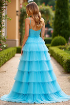 Langes, gestuftes, blaues A-Linien-Abendkleid mit Spaghettiträgern und Schlitz