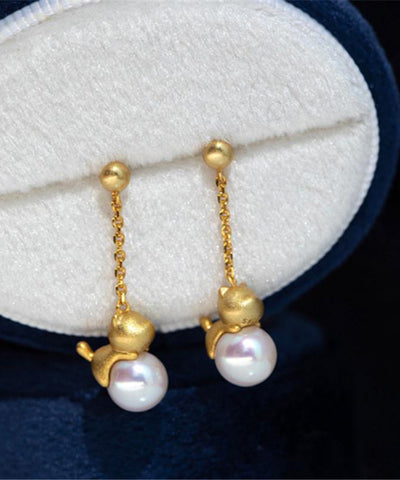 Chinese Style Gold Sterling Silver Overgild Pearl Little Cat Drop Earrings