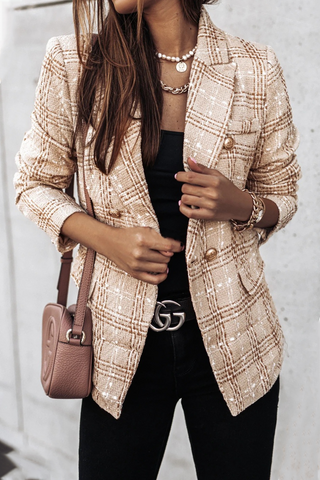 Elegant Plaid Striped Patchwork Buckle Turndown Collar Outerwear(4 Colors)