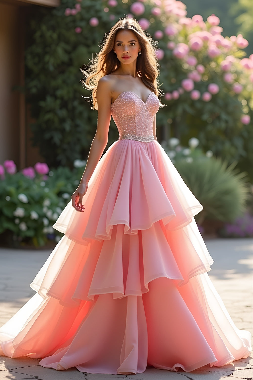 A-Linien-Abendkleid in Rosa mit Stufenrock und Rüschen