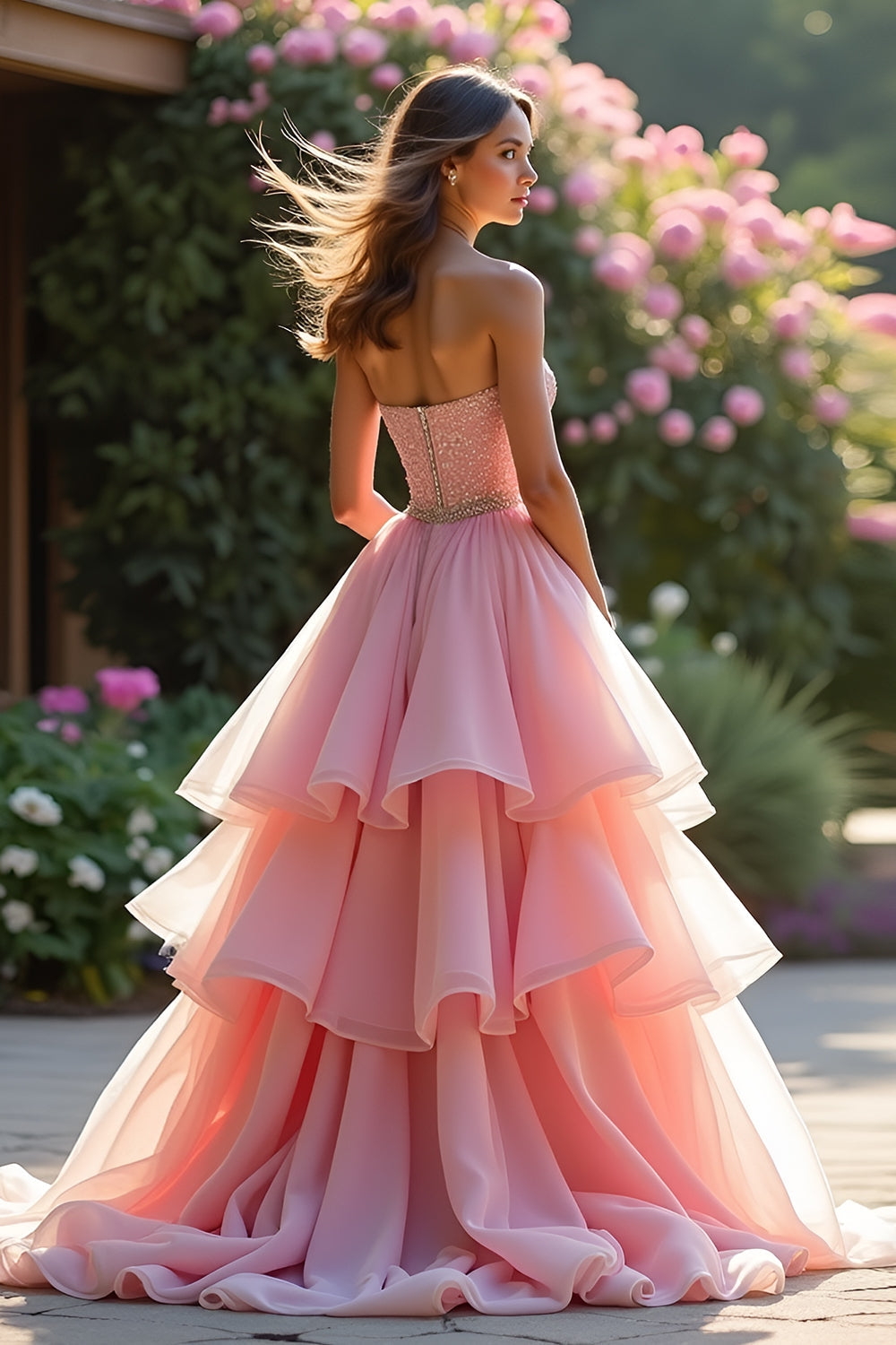 Vestido de fiesta largo en línea A con volantes, color rosa y capas