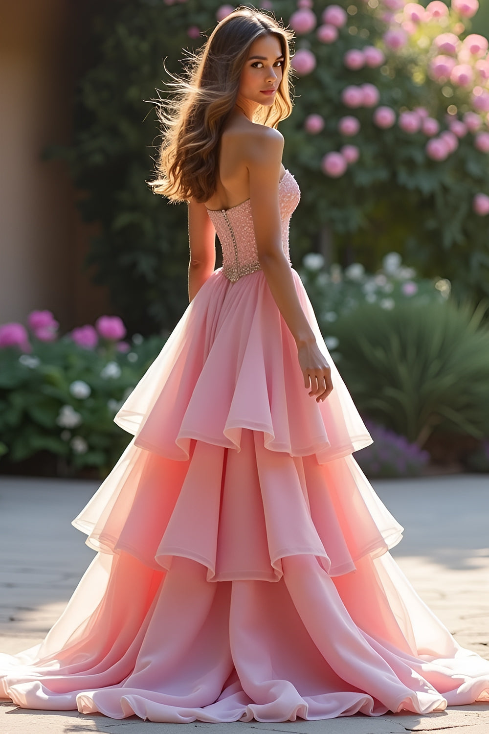 A-Linien-Abendkleid in Rosa mit Stufenrock und Rüschen