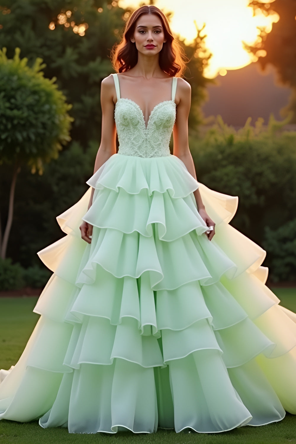 Grünes, gestuftes, langes Ballkleid mit Rüschen
