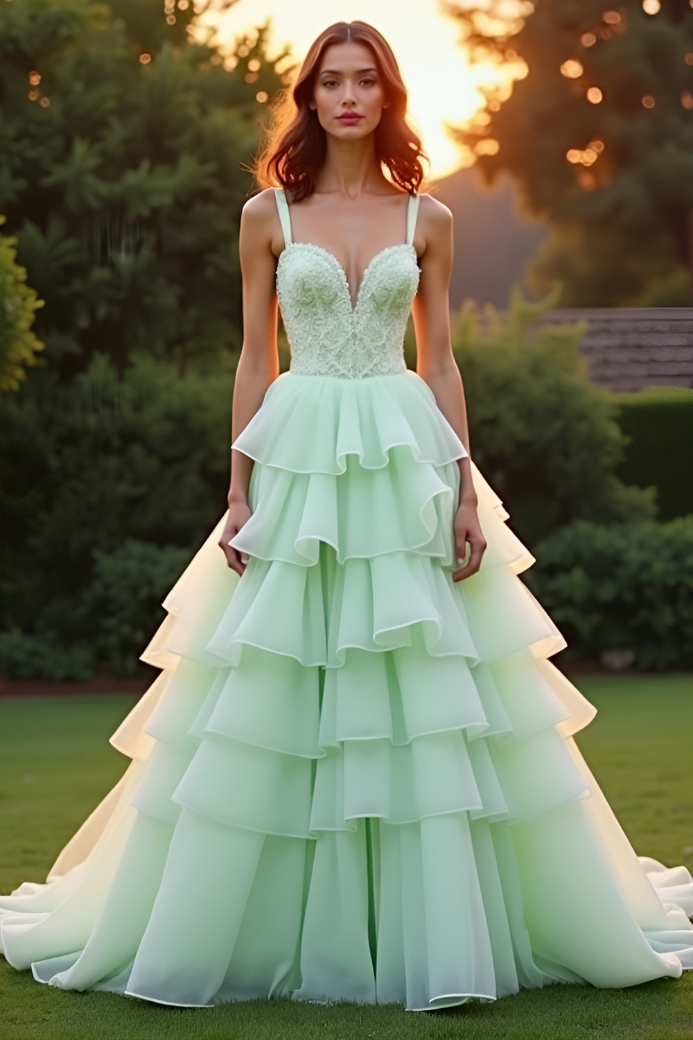 Grünes, gestuftes, langes Ballkleid mit Rüschen