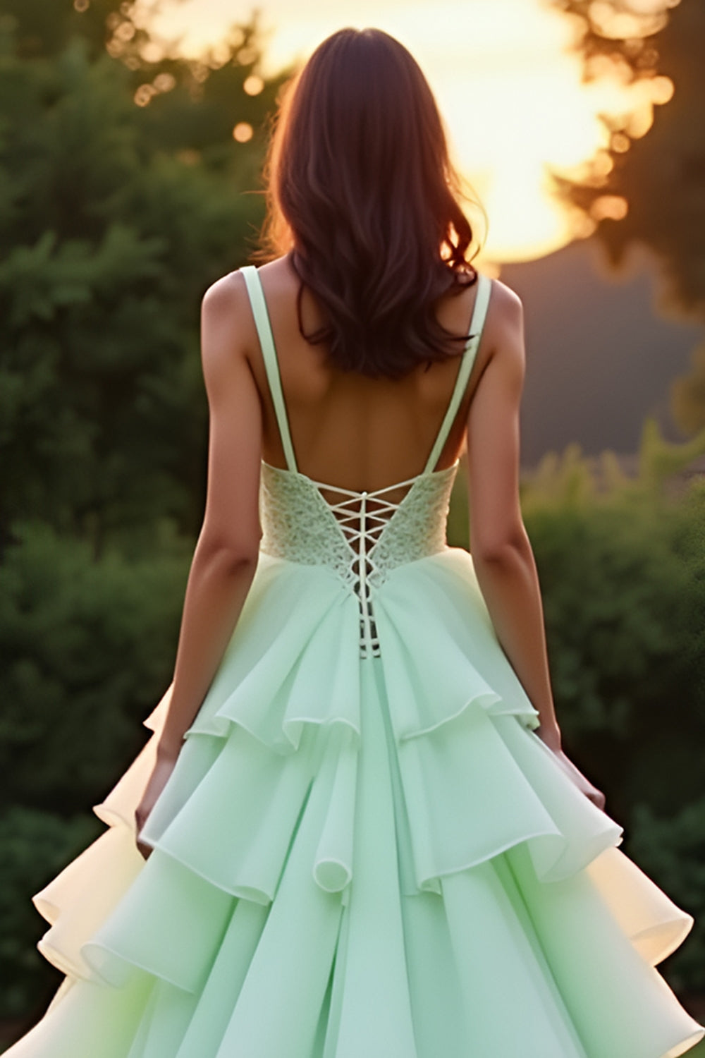 Grünes, gestuftes, langes Ballkleid mit Rüschen