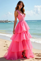 Vestido de fiesta largo en capas con cuentas en rosa intenso y corte A