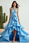A-Linien-Abendkleid in Blau mit asymmetrischem High-Low-Schnitt, Neckholder und Rüschen