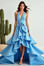 A-Linien-Abendkleid in Blau mit asymmetrischem High-Low-Schnitt, Neckholder und Rüschen
