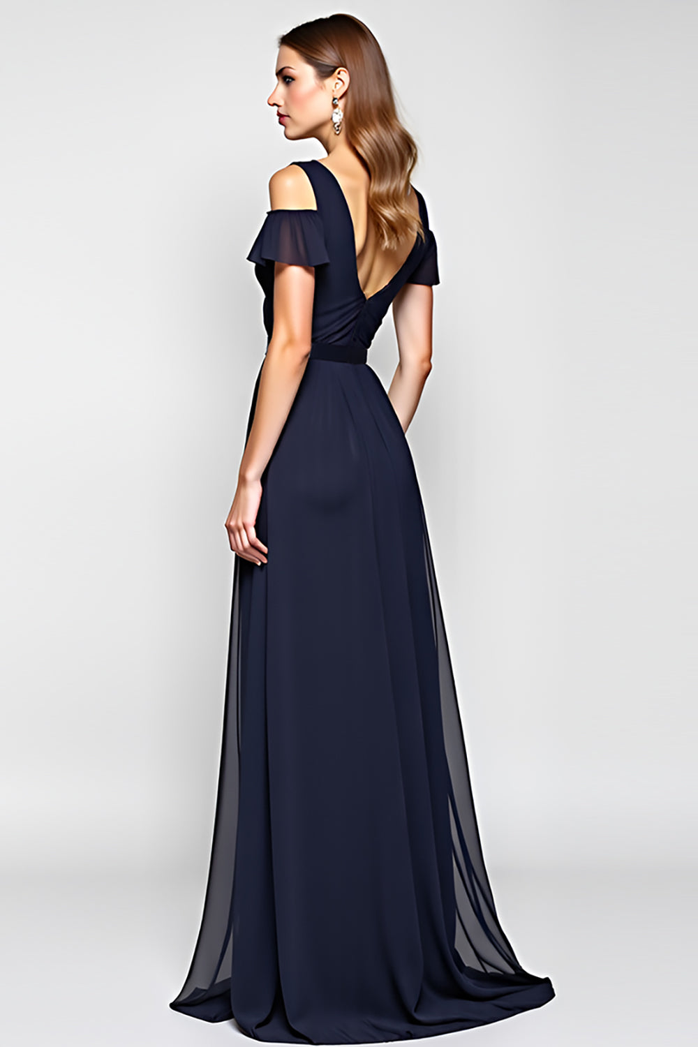 A Line Navy Cold Shoulder Long Wedding Guest Dress