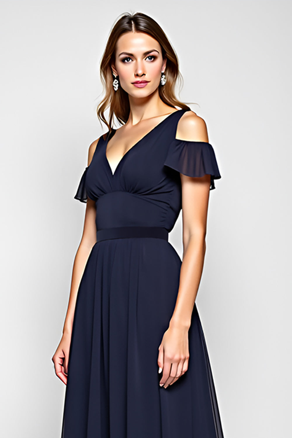 A Line Navy Cold Shoulder Long Wedding Guest Dress
