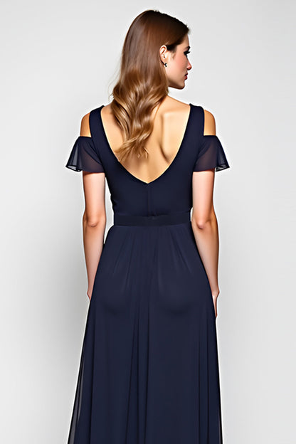 A Line Navy Cold Shoulder Long Wedding Guest Dress
