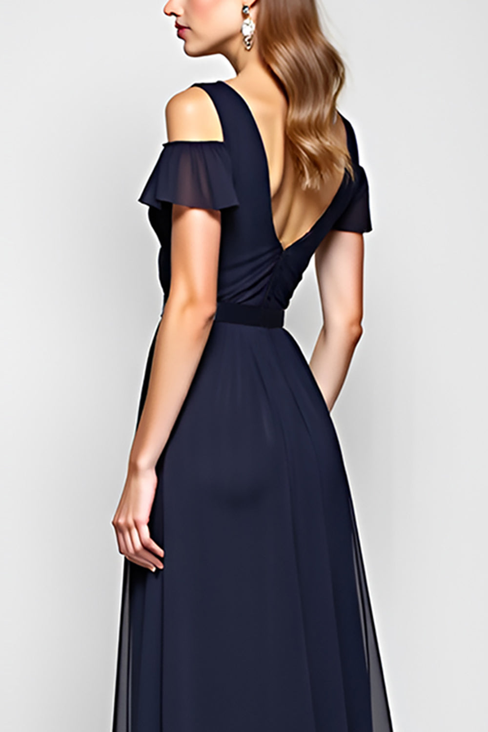 A Line Navy Cold Shoulder Long Wedding Guest Dress
